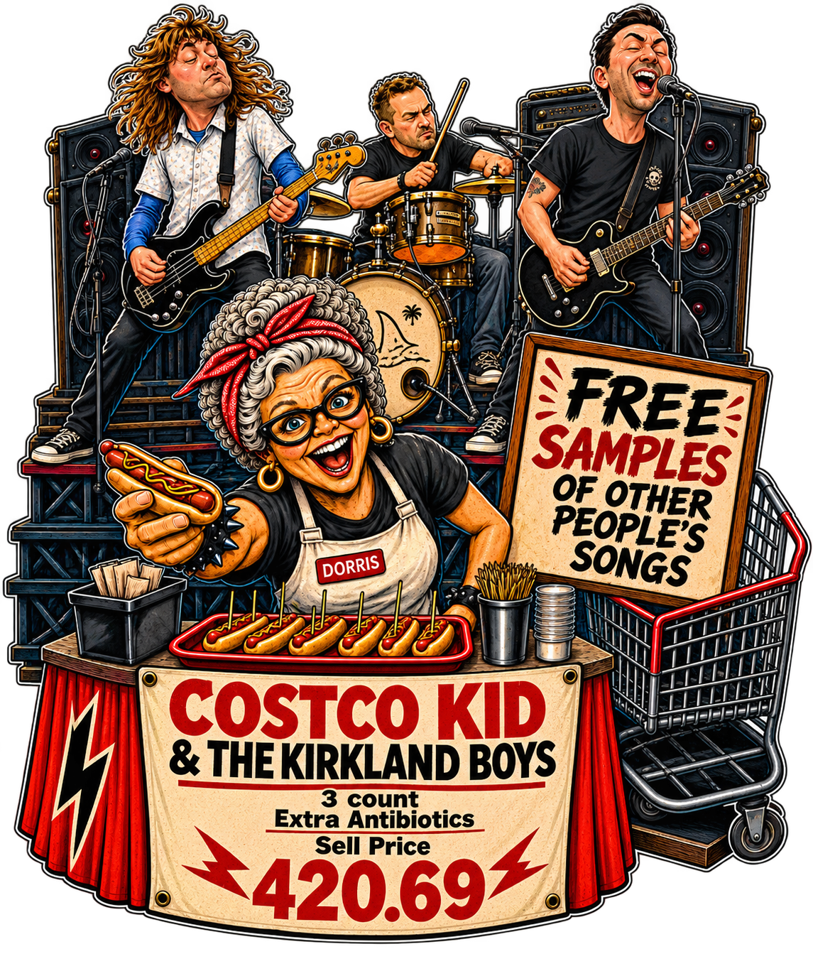 Costco Kid and the Kirkland Boys performing behind a free sample station