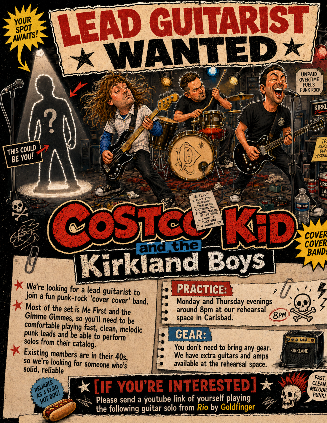 Punk-rock lead guitarist wanted poster featuring the band